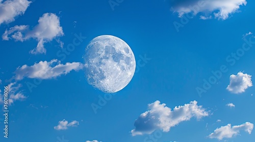 Early Evening Moon with Clouds - Photograph of an early evening moon in a bright blue sky with scattered clouds.