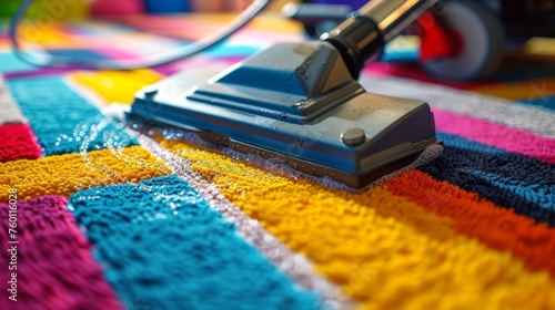 Close-up of a vacuum cleaner head on a colorful striped carpet with water beads. Rug cleaning. Home maintenance and cleaning concept for design and print. Detailed household chore photo