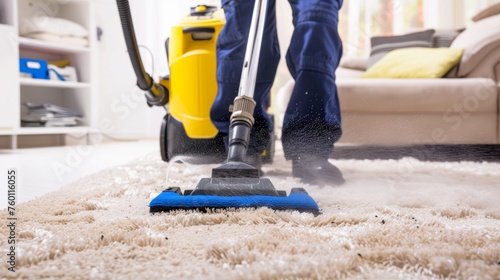 Professional cleaning service vacuuming a shag rug. Close-up of vacuum cleaner in action on soft carpet. Concept of home cleaning, maintenance, janitorial work, and housekeeping service.