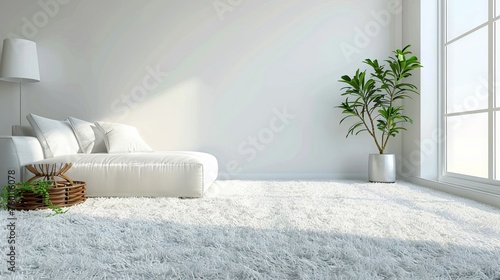 Airy and sunlit room with a plush white carpet grounding the space. Essence of modern minimalism and comfort. Concept of refined living, understated elegance, and a tranquil home atmosphere.