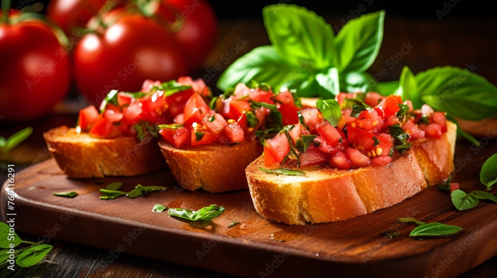 Delicious bruschetta with tomato and basil topping, beautifully presented on a wooden serving board