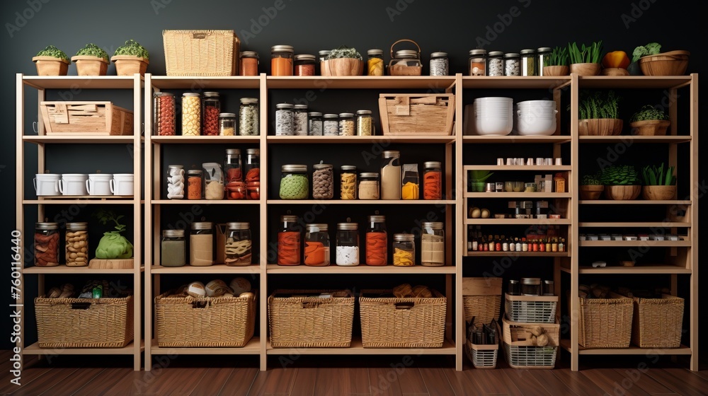 A perfectly organized pantry exhibiting a variety of labeled shelves, containers, and baskets, creating a visually appealing storage space