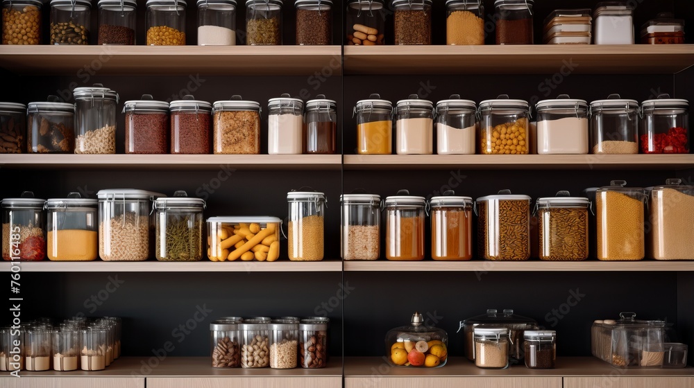 A contemporary styled kitchen showcasing various jars filled with food staples on sleek shelves