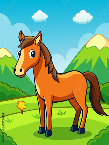 A majestic horse gallops through a rolling green landscape  its mane and tail flowing freely in the wind.