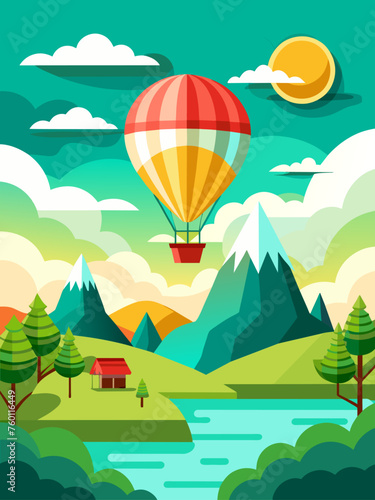 A vibrant hot air balloon floats gracefully against a picturesque landscape backdrop, casting colorful shadows over the rolling hills and lush greenery below.