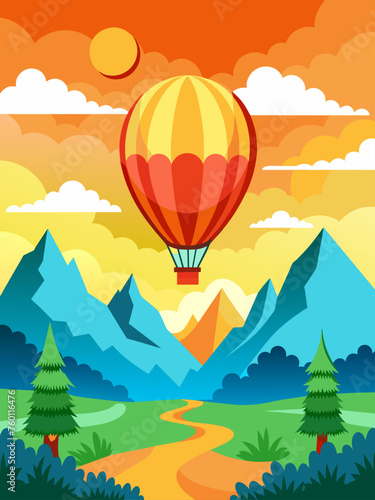 This vector illustration depicts a serene landscape scene with a hot air balloon floating amidst picturesque mountains and a tranquil lake.