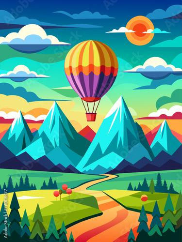 A vibrant hot air balloon floats gracefully against a picturesque landscape backdrop, casting colorful shadows over the rolling hills and lush greenery below.