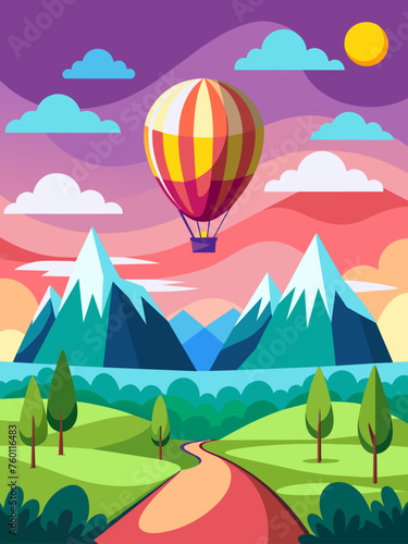 Hot air balloons float gracefully over a picturesque landscape, creating a serene and inspiring scene.