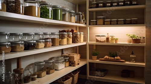 A neat and tidy pantry with clear glass jars labeled and organized on wooden shelves