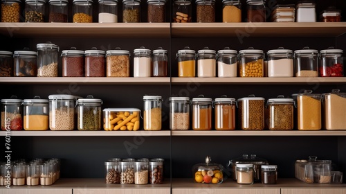 A contemporary styled kitchen showcasing various jars filled with food staples on sleek shelves