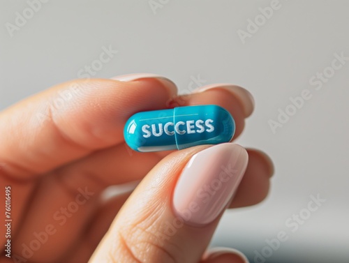 woman fingers holding a pill that has the "SUCCESS" word written in it