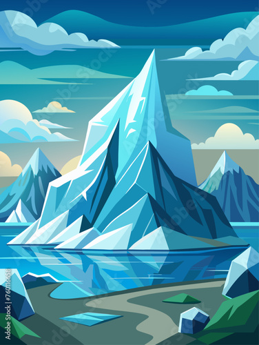 Iceberg landscape vector background with a towering glacier emerging from the ocean.