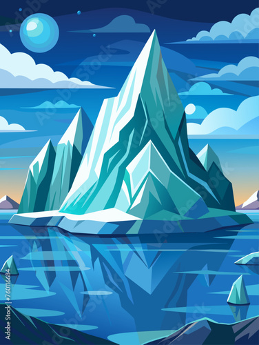 Iceberg landscape vector background with a towering glacier emerging from the ocean.