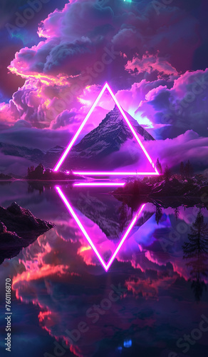 rainbow colored glowing neon pink and purple triangle in the clouds at night, lake with an awesome reflection, dreamy scene, 3D render