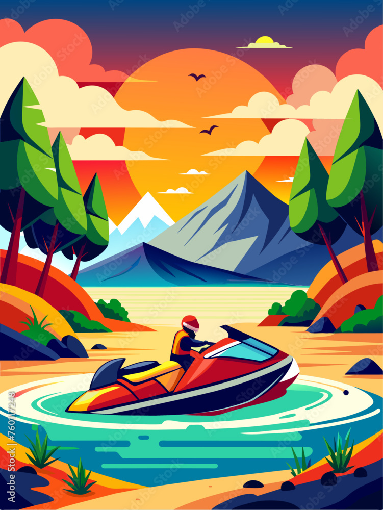 Jet Skiers race across the tranquil waters, with a vibrant sunset illuminating the horizon.