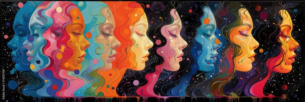 Colorful illustration of group portraits with beautiful women, faces in profile and closeup in the style of digital painting