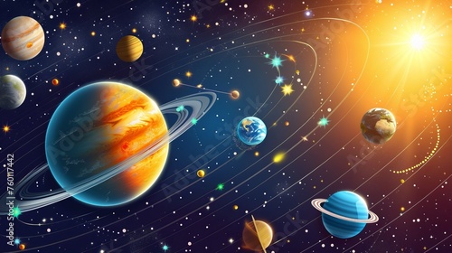 Vibrant illustration of the solar system with colorful planets and shimmering stars on a dark background © Eleanor Richards