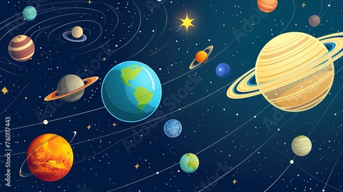 Colorful  detailed space illustration featuring planetary bodies in orbit and a bright  radiant sun