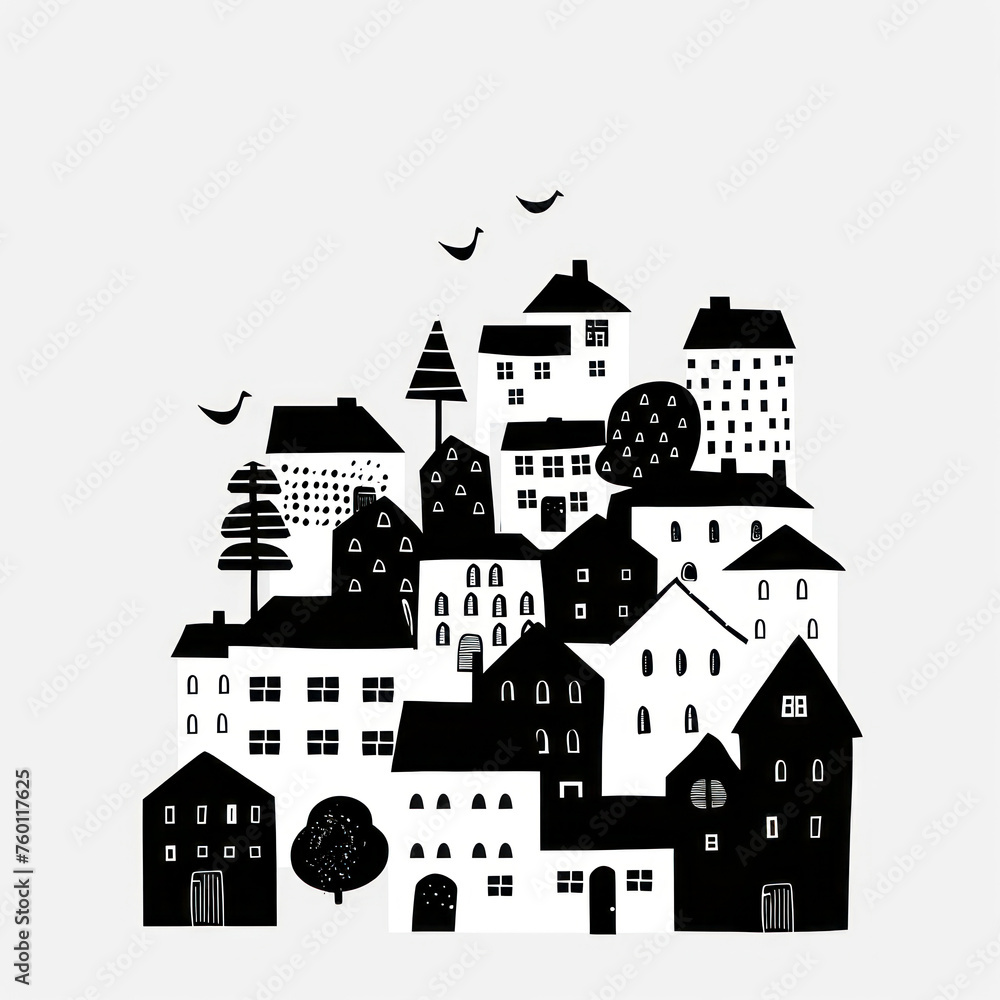 A black and white drawing of a cityscape with various sized houses, trees, and birds.