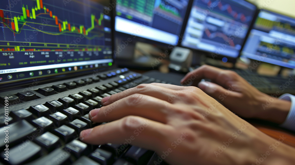 A close-up of hands typing on a keyboard with financial data displayed on a monitor. A close-up of hands typing on a keyboard with financial data displayed on a monitor.