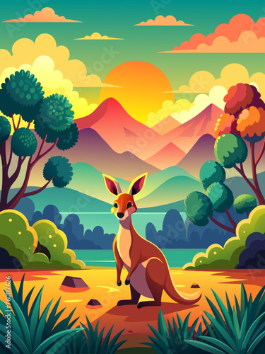 A kangaroo stands in a vast landscape, surrounded by rolling hills and distant mountains.
