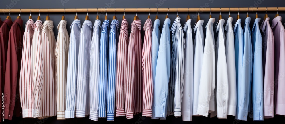 A row of shirts in electric blue and magenta colors, hanging on metal clothes hangers in a closet. The room is filled with fashion design for an event A row of shirts in electric blue and magenta colors, hanging on metal clothes hangers in a closet. The room is filled with fashion design for an event