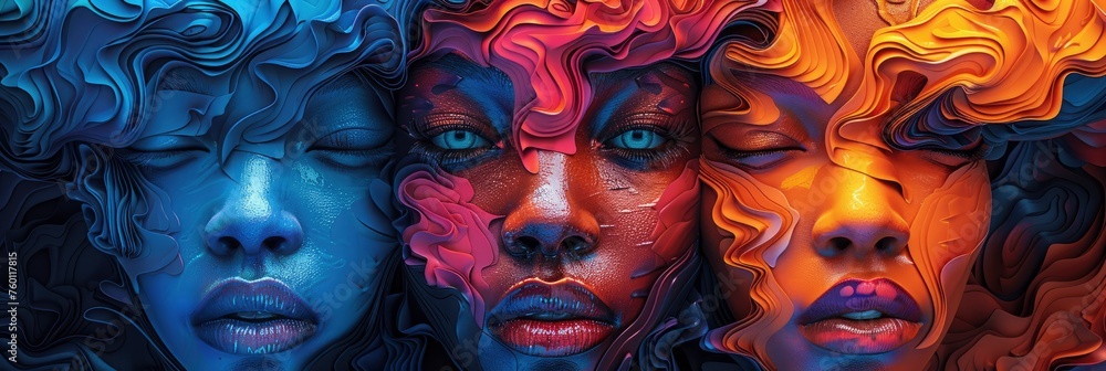 Obraz premium Colorful illustration of group portraits with beautiful women, faces in profile and closeup in the style of digital painting