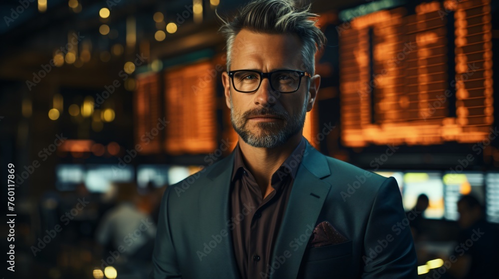 Fototapeta premium A man in a suit and glasses stands in front of a wall of monitors