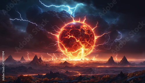 The scene is filled with destruction, featuring a massive storm with lightning bolts and a collapsing sun. The sky is dark and cloudy, adding to the intensity of the scene. photo