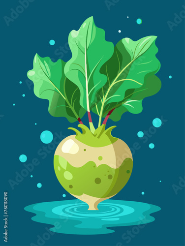 Vibrant kohlrabi vegetable submerged in water, creating a refreshing and colorful composition.