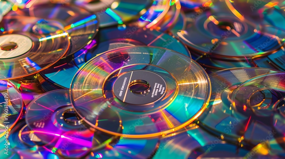 Colorful stack of CDs in a chaotic pile, showing various shades and hues of digital music storage Colorful stack of CDs in a chaotic pile, showing various shades and hues of digital music storage