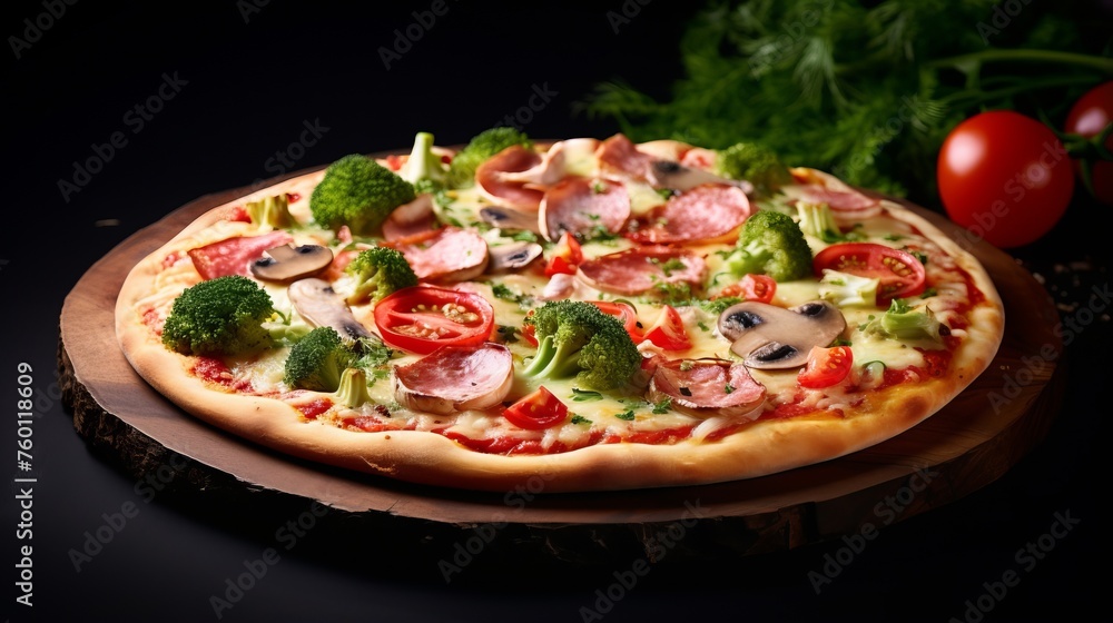 Deluxe pizza with a variety of toppings including broccoli and ham, placed on a dark elegant background