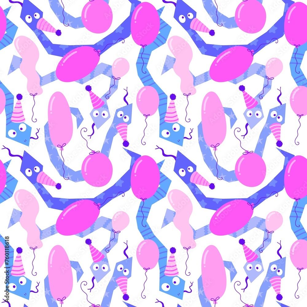 Christmas cartoon animals seamless snake and balloons pattern for new 2025 year wrapping paper and fabrics