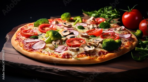 A fresh, well-prepared vegetarian pizza with various toppings on a dark background