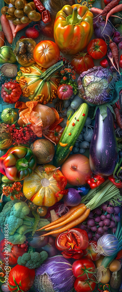 Fototapeta premium a huge amount of different vegetables, in the style of vibrant, high-energy imagery, vray, multiple exposure