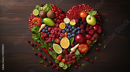 A lush heart-shaped presentation of veggies and fruits conveys the message of loving healthy food