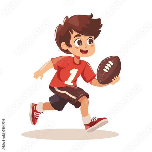 Little boy running with rugby ball, cartoon vector illustration isolated on white background.