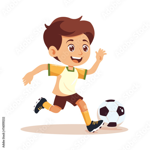 Cute little boy playing soccer, cartoon vector illustration isolated on white background.