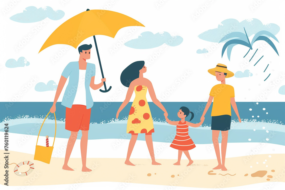 flat vector, solid colors. A family enjoying a day at the beach