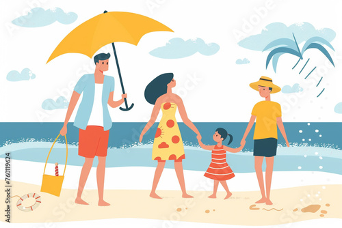 flat vector, solid colors. A family enjoying a day at the beach
