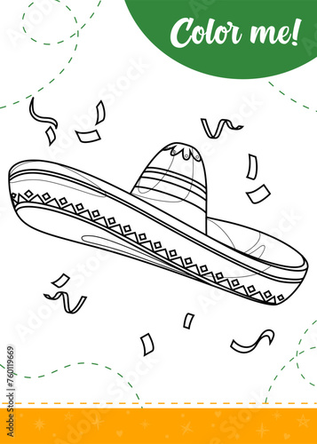 Coloring page for kids with mexican hat and colorful confetti.A printable worksheet, vector illustration.
