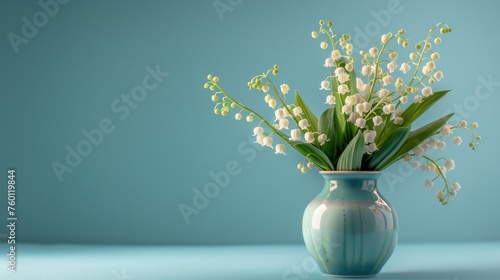 A vase filled with white lily of the valley flowers on a blue surface
