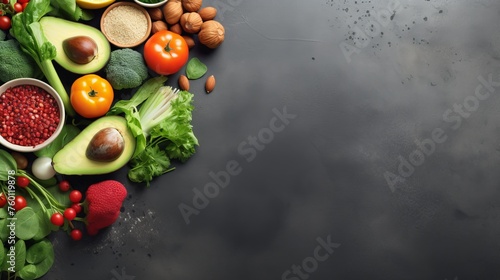 Abundance of fresh vegetables and fruits spread on a dark background showcasing healthy eating