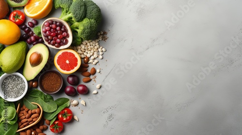 A colorful arrangement of nutritious whole foods on a grey background, perfect for meal prep ideas