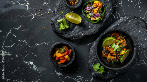 An overhead medium shot of an elegant dark marble table with two minimal stone dishes containing traditional Mexican food with two fresh mexican
