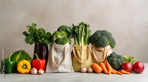 Multiple canvas bags full of vibrant vegetables and healthy food choices on a neutral background, symbolizing thoughtful consumption
