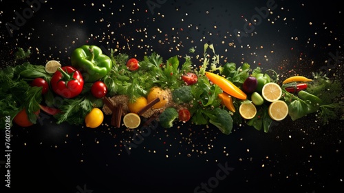 A dynamic image capturing a burst of fresh vegetables and herbs with flying particles against a dark background