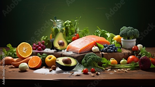 An elegant still life of salmon with a variety of fruits and vegetables artistically arranged around it