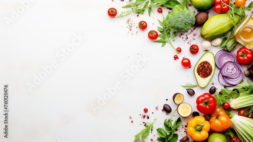 A spread of organic vegetables, herbs, and condiments neatly arranged on a white background with space for text