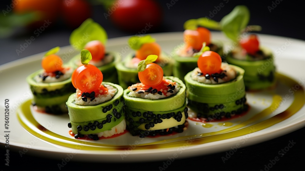 Vibrant cucumber rolls with cream cheese, garnish, and sauce on a contrasting background